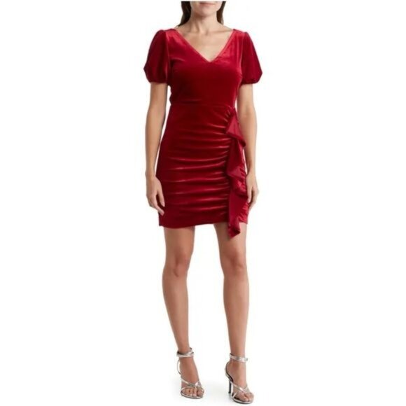 New Sam Edelman Ruched Puff Sleeve Velvet Minidress in Red Size 8 - Picture 2 of 8